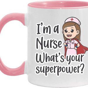 NIB Gift Ceramic Pink Nurse Mug l’’m a Nurse What’s Your Superpower